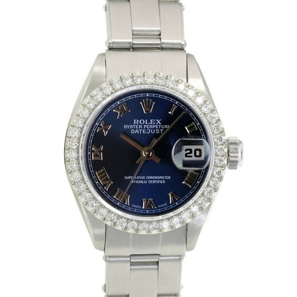 ROLEX DATEJUST BLUE ROMAN DIAL DIAMOND OYSTER STAINLESS STEEL WATCH 26 MM 69174
